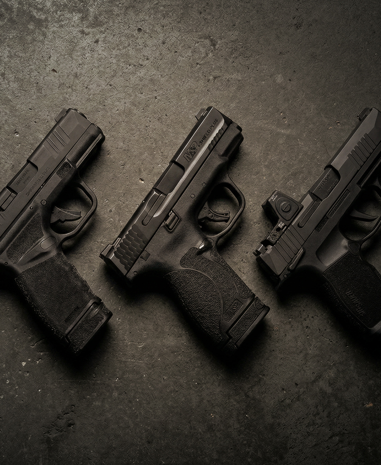 array of 9mm semi-automatic handguns on a table