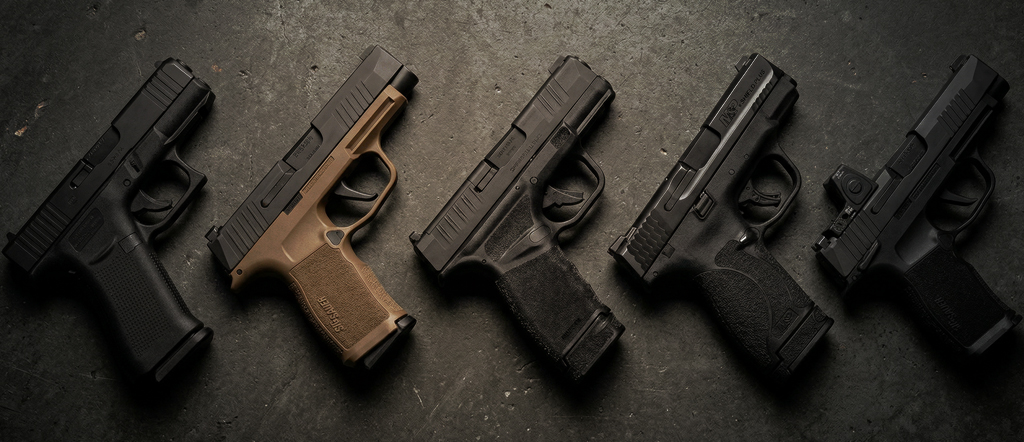 array of 9mm semi-automatic handguns on a table
